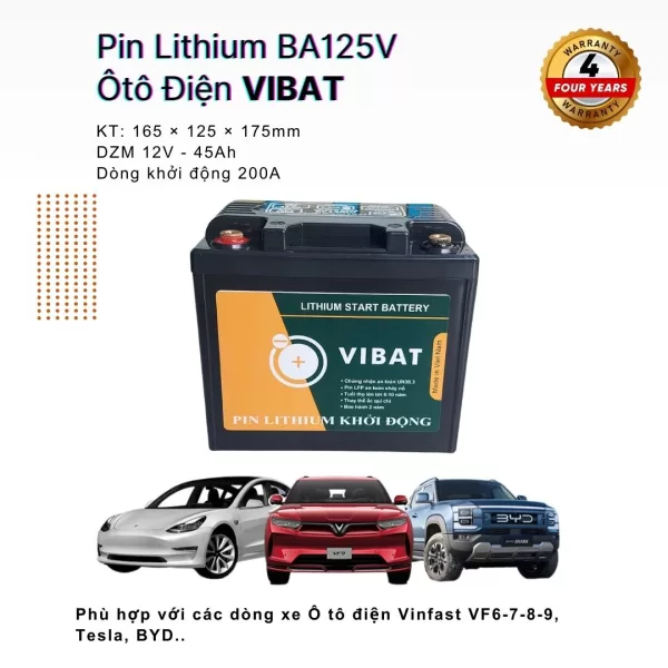 Pin Khởi Động Lithium VIBAT ô tô điện BA125LV